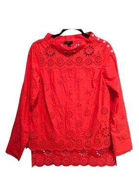 J. Crew Red Top Eyelet Lace Blouse Womens Size 2 Cotton Mock Neck Long Sleeve